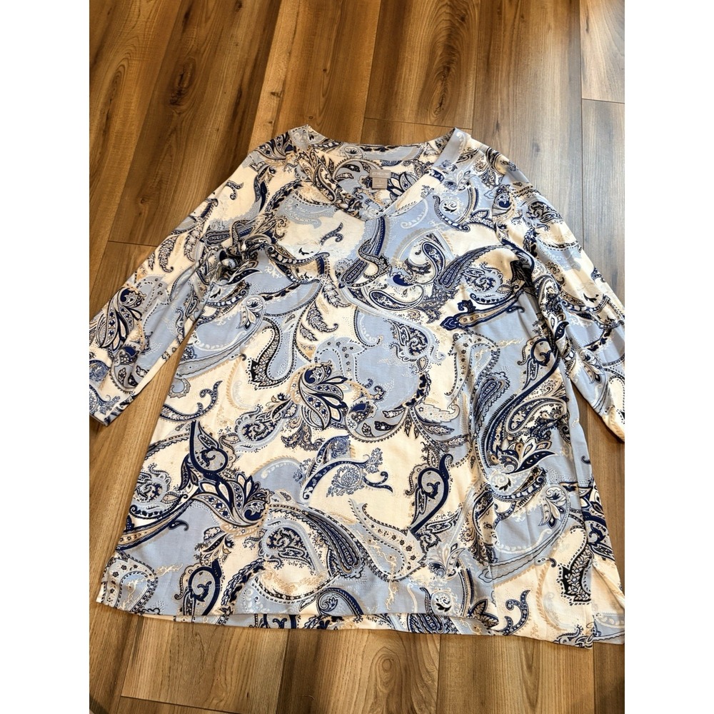 Chicos's Tunic Top Shirt Sz 3 Or XL Blue Paisley V-neck Pima Cotton 3/4 Sleeve
